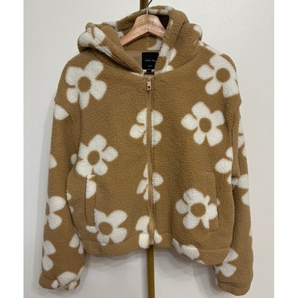 Love Tree, Sherpa Floral Zip Hoodie Jacket, Tan/White, Small, MSRP $48